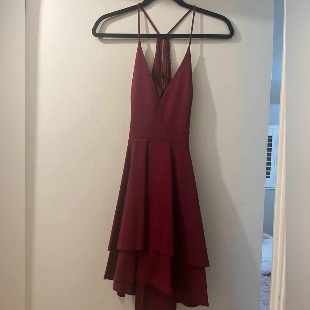 low cute a-line maroon semi-formal dress